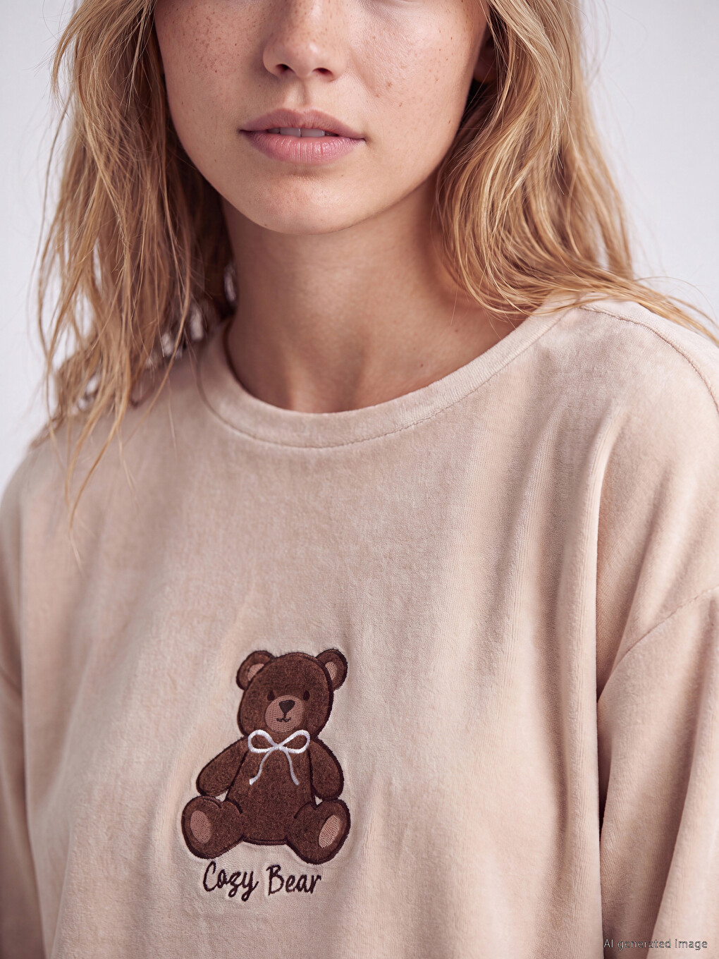 Bej Nakışlı Kadın Kadife Pijama Takım-2