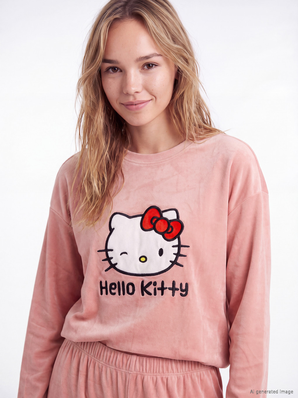 Pembe Hello Kitty Kadın Kadife Pijama Takım-1
