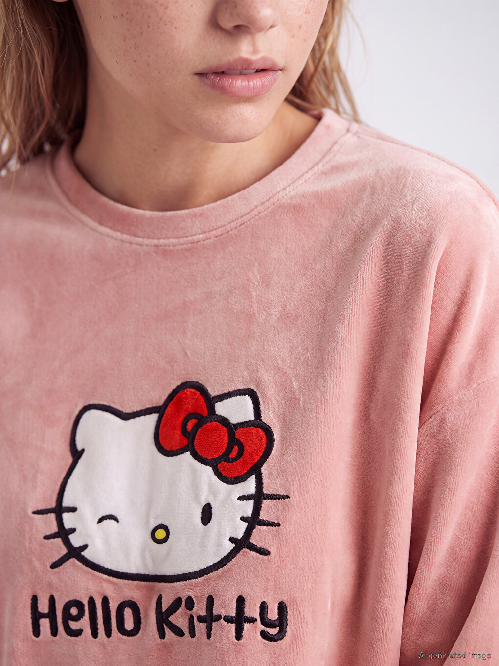 Pembe Hello Kitty Kadın Kadife Pijama Takım-2