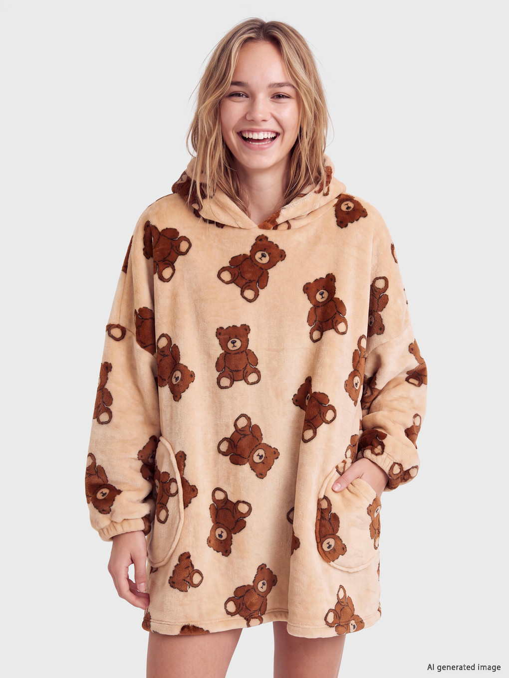 Hooded Bear Printed Women's Plush Pyjamas Top-1