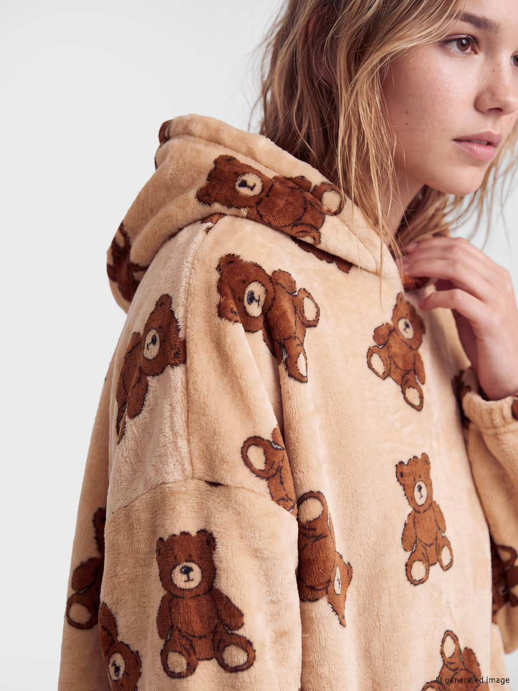 Hooded Bear Printed Women's Plush Pyjamas Top-2