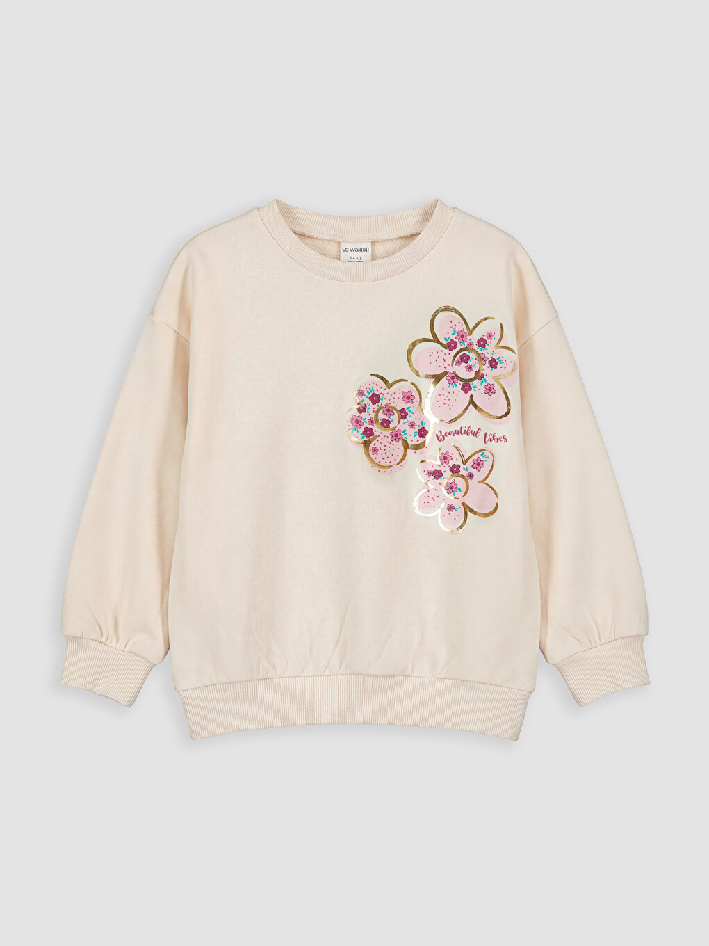 Ekru Çiçek Baskılı Kız Çocuk Sweatshirt