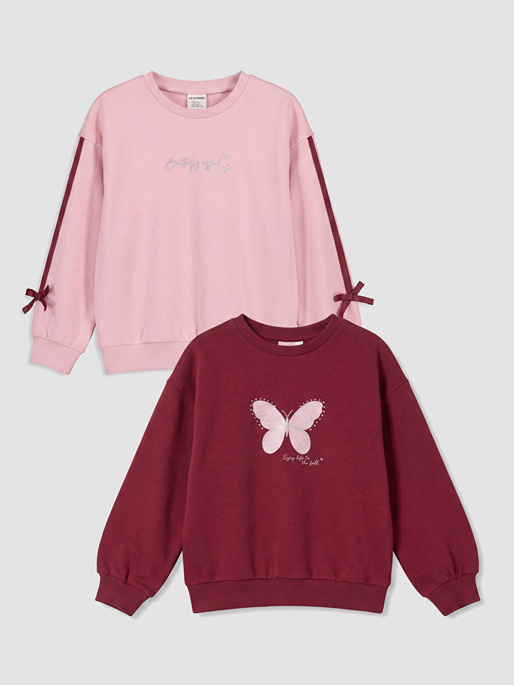 Bordo Fiyonklu Baskılı Kız Çocuk Sweatshirt 2'li