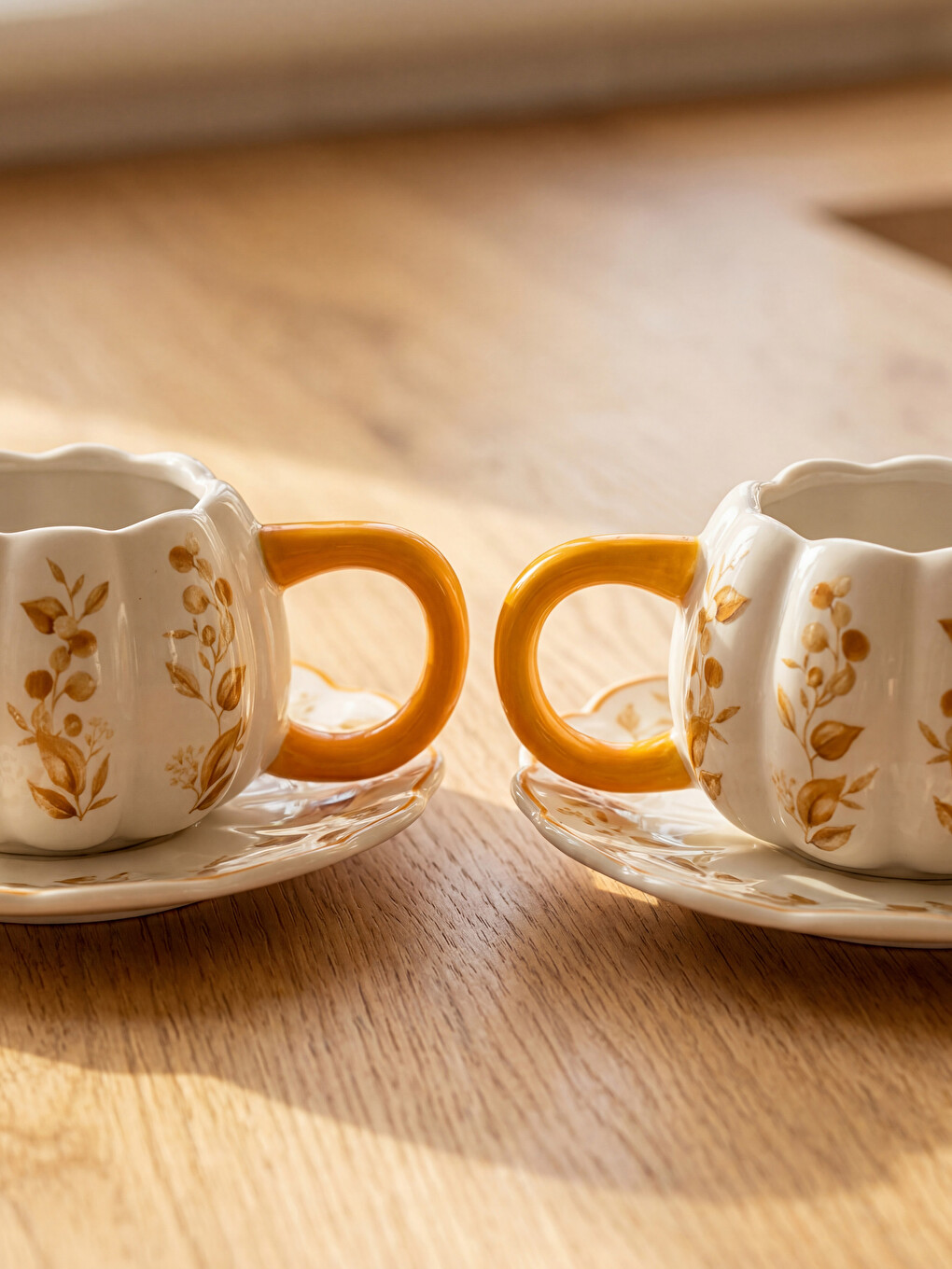 Ekru Bal Kabağı Baskılı 2 Kişilik Porselen Kahve Fincan Takımı-1