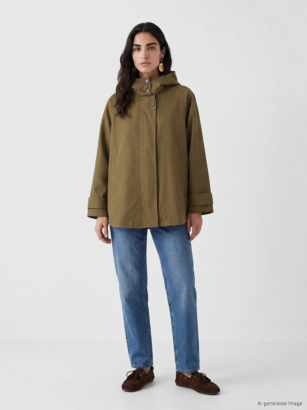 Bej Kapüşonlu Oversize Kadın Ceket-1