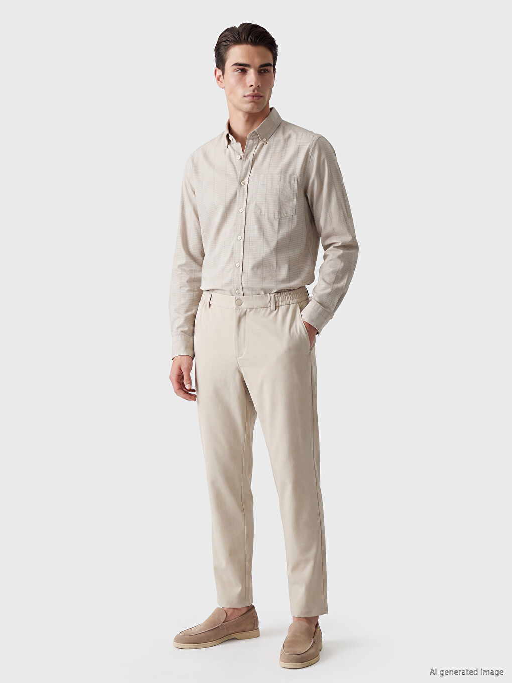 Bej Regular Fit Çizgili Gabardin Erkek Gömlek-1