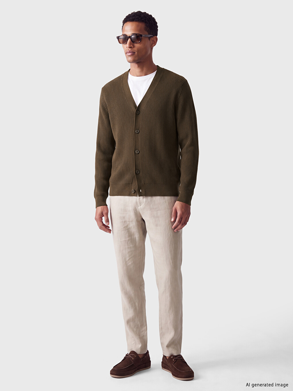 Haki Regular Fit V Yaka Erkek Triko Hırka-1