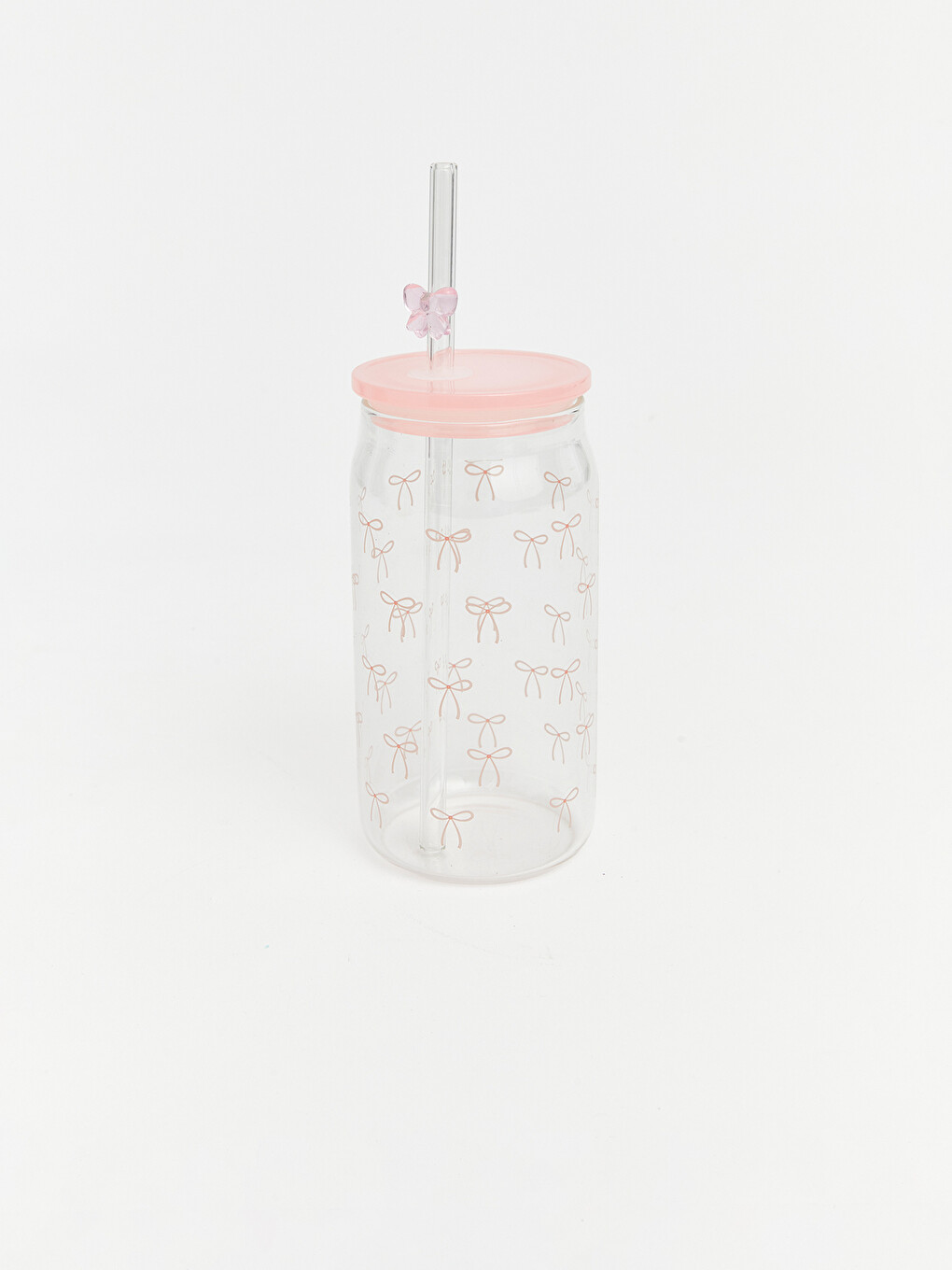 Pembe Fiyonk Desenli Cam Pipetli Bardak 480 ml-1