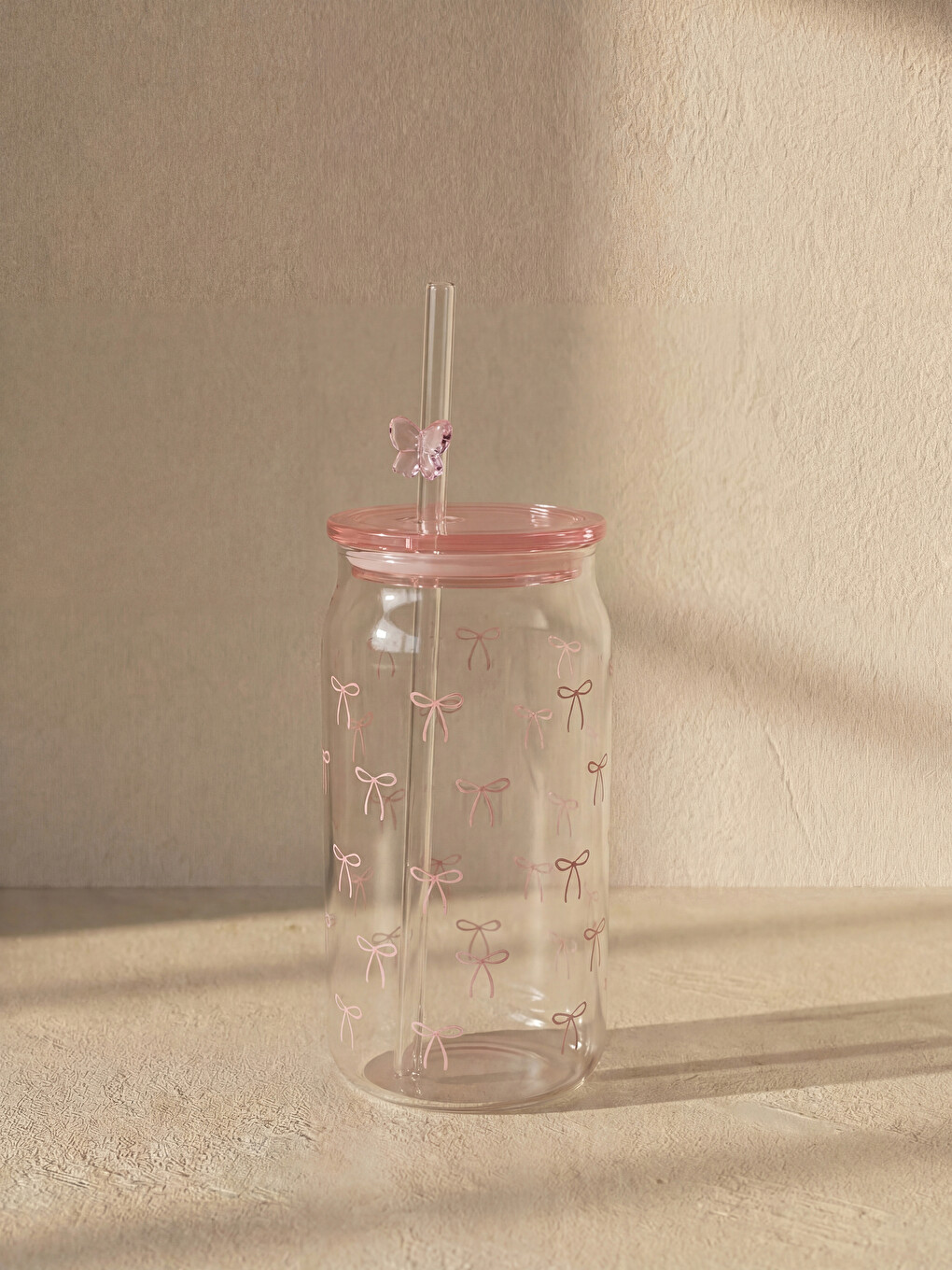 Pembe Fiyonk Desenli Cam Pipetli Bardak 480 ml