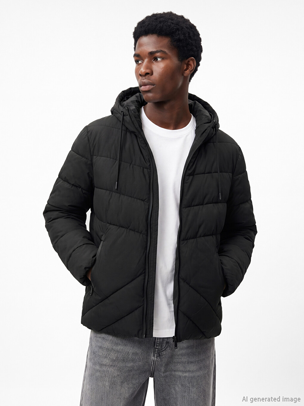 Siyah Regular Fit Kapüşonlu Erkek Şişme Mont