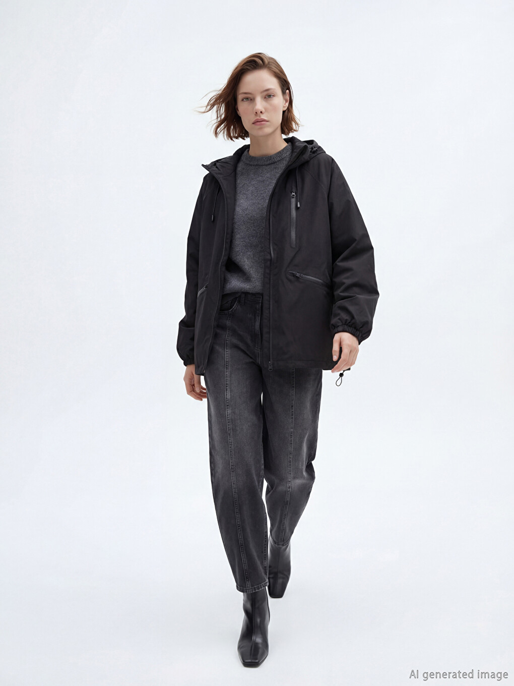 Siyah Kapüşonlu Oversize Kadın Yağmurluk