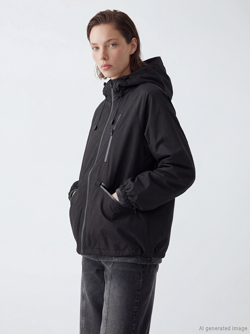 Siyah Kapüşonlu Oversize Kadın Yağmurluk-1