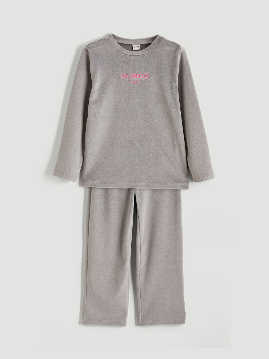 Gri Bisiklet Yaka Los Angeles Nakışlı Kız Çocuk Kadife Pijama Takım