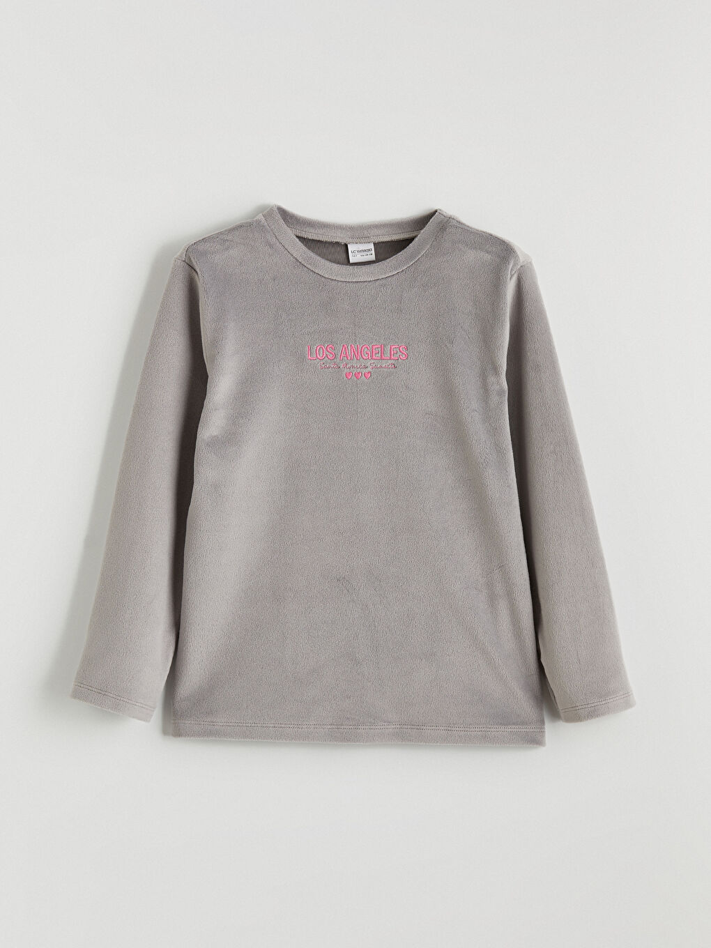 Gri Bisiklet Yaka Los Angeles Nakışlı Kız Çocuk Kadife Pijama Takım-1