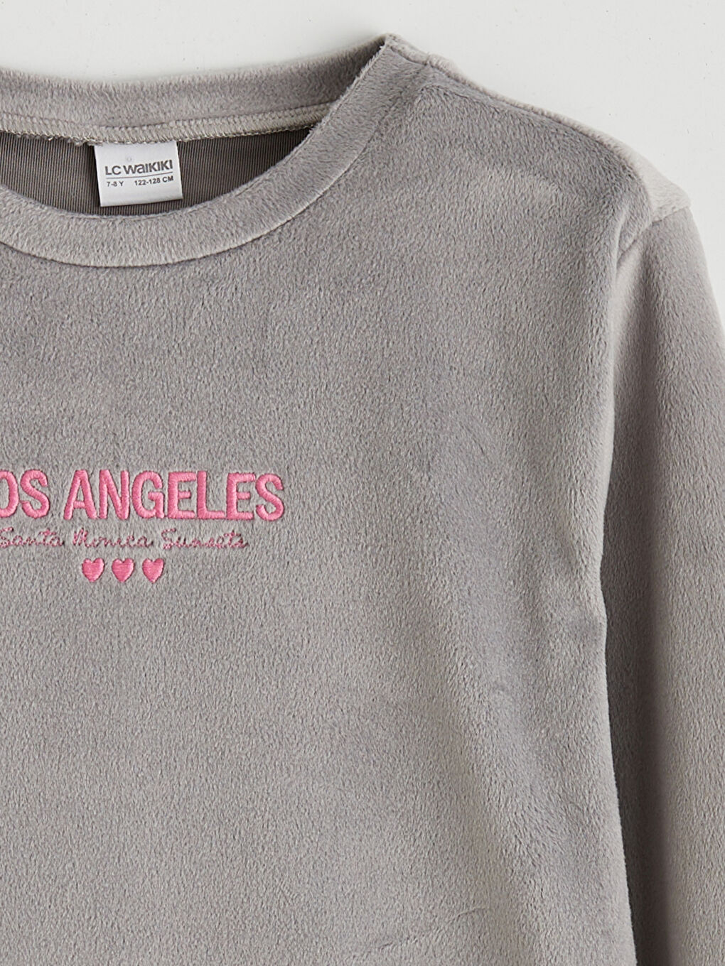 Gri Bisiklet Yaka Los Angeles Nakışlı Kız Çocuk Kadife Pijama Takım-2