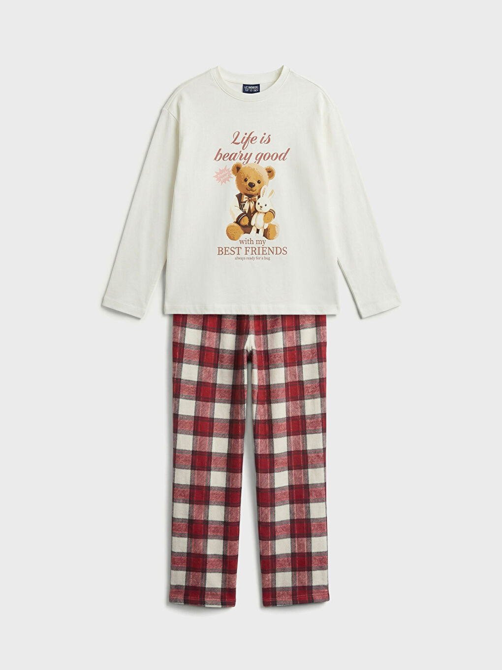 Ekru Ayı Baskılı Kız Çocuk Pijama Takım