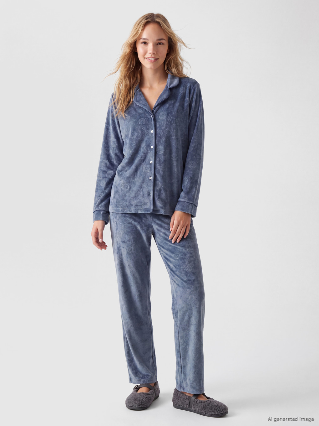 İndigo Gömlek Yaka Kadife Kadın Pijama Takım