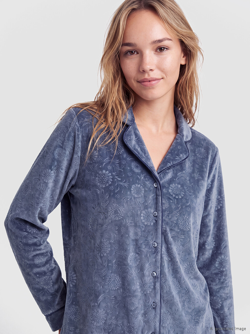 İndigo Gömlek Yaka Kadife Kadın Pijama Takım-1
