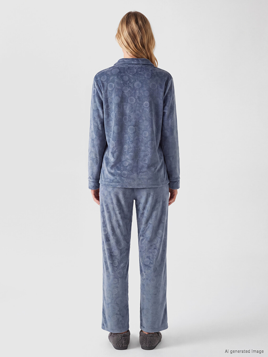 İndigo Gömlek Yaka Kadife Kadın Pijama Takım-3