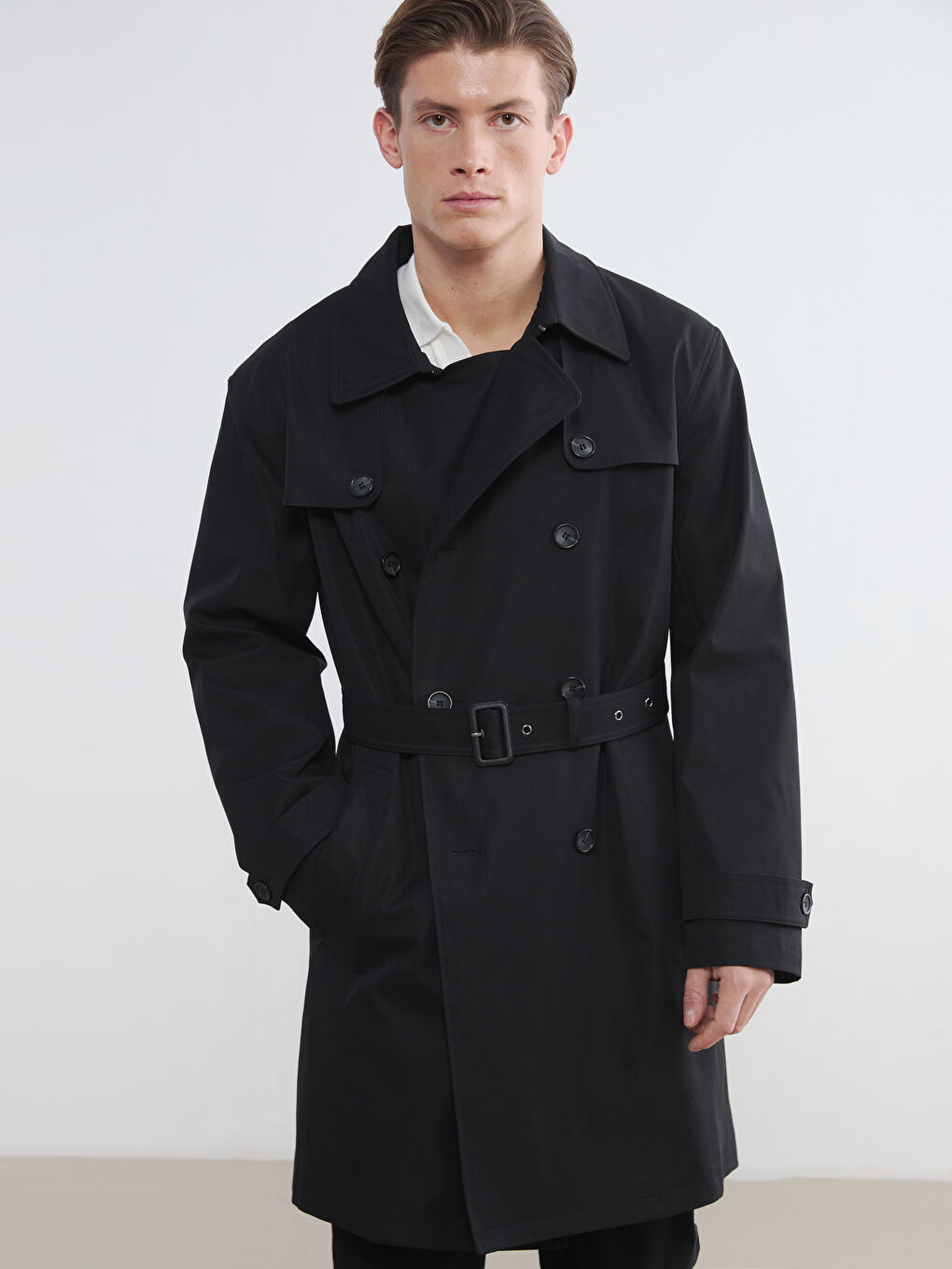 Siyah Standart Kalıp Erkek Trençkot