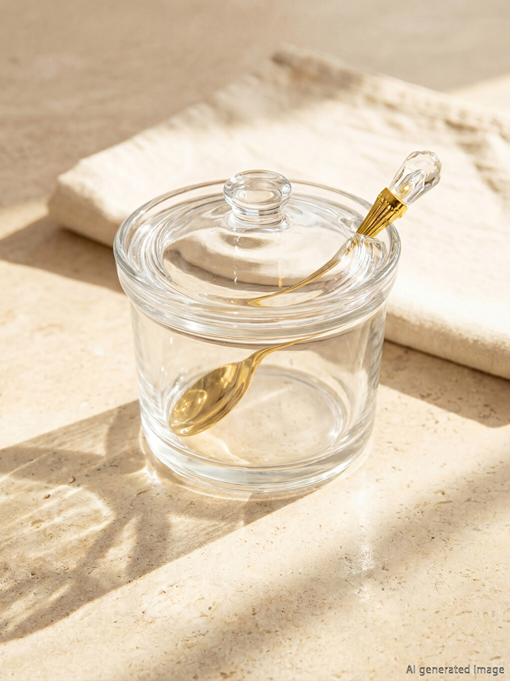 Lidded And Spooned Glass Sugar Bowl