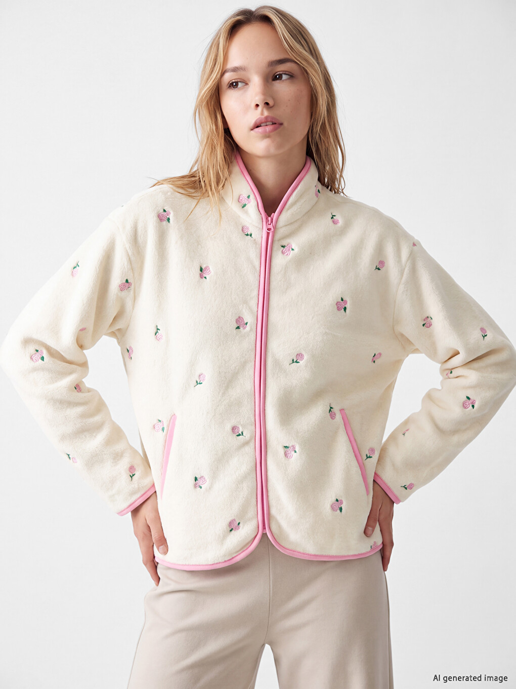 Mock Neck Embroidered Women's Plush Pyjamas Top