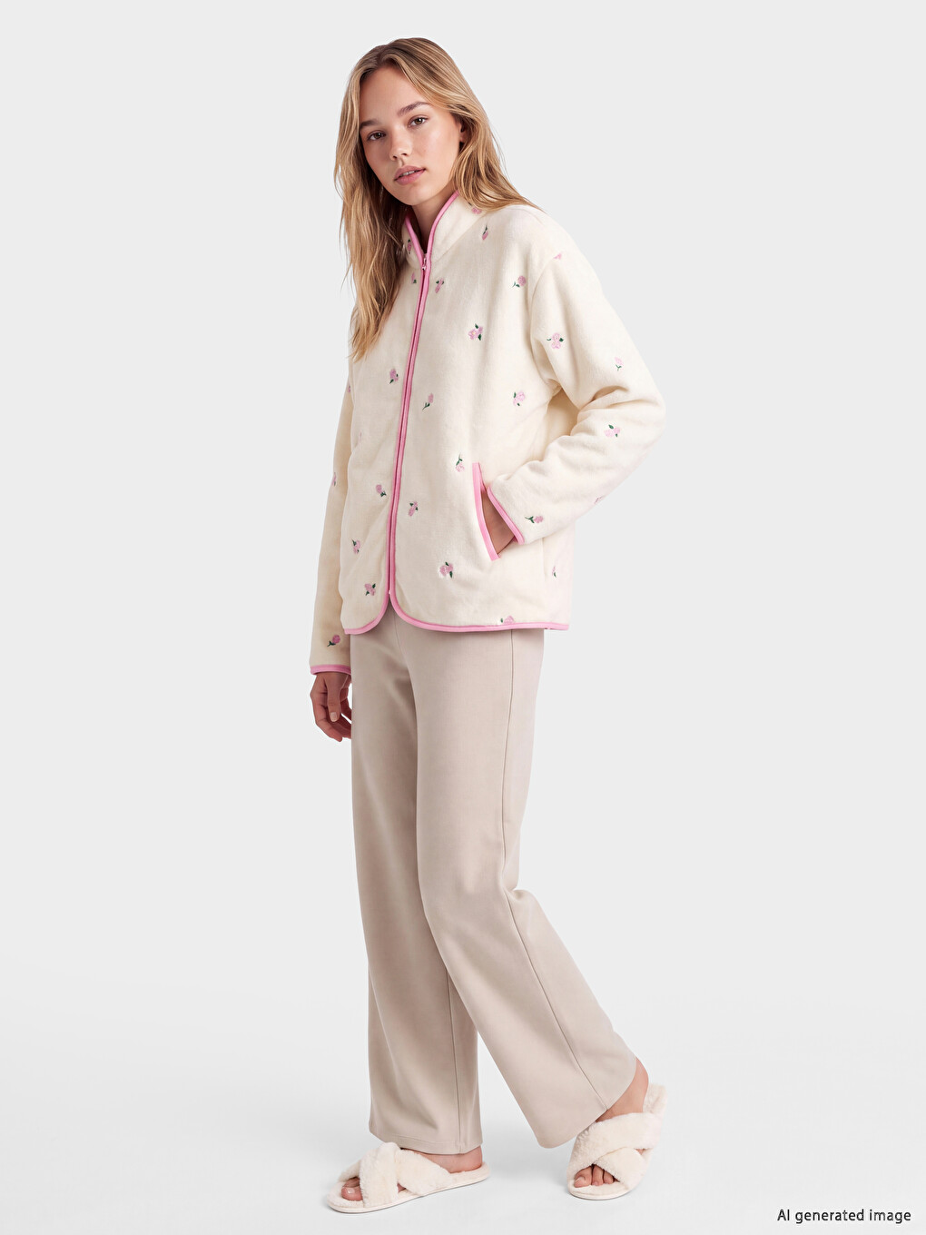 Mock Neck Embroidered Women's Plush Pyjamas Top-1