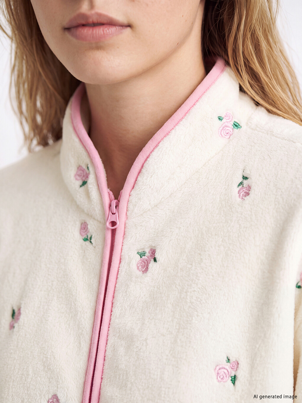 Mock Neck Embroidered Women's Plush Pyjamas Top-2