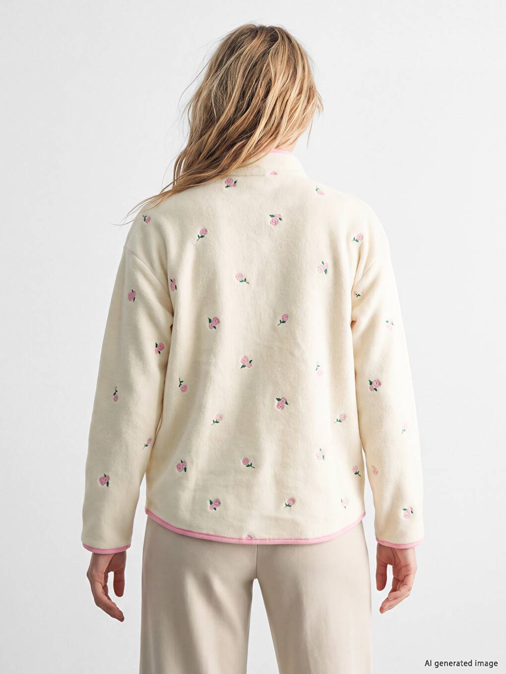 Mock Neck Embroidered Women's Plush Pyjamas Top-3