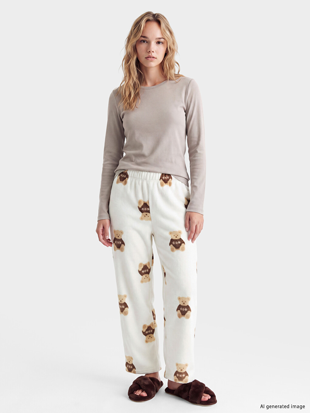 Ekru Ayı Teddy Desenli Kadın Pelüş Pijama Altı