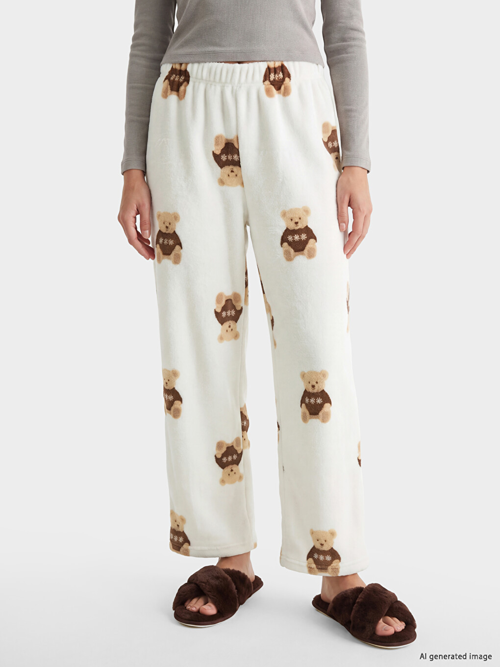 Ekru Ayı Teddy Desenli Kadın Pelüş Pijama Altı-1