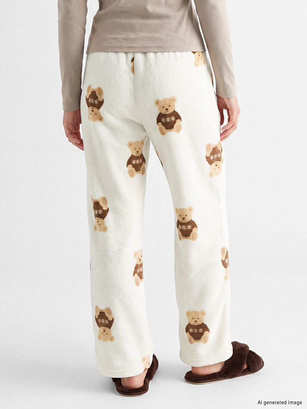 Ekru Ayı Teddy Desenli Kadın Pelüş Pijama Altı-3