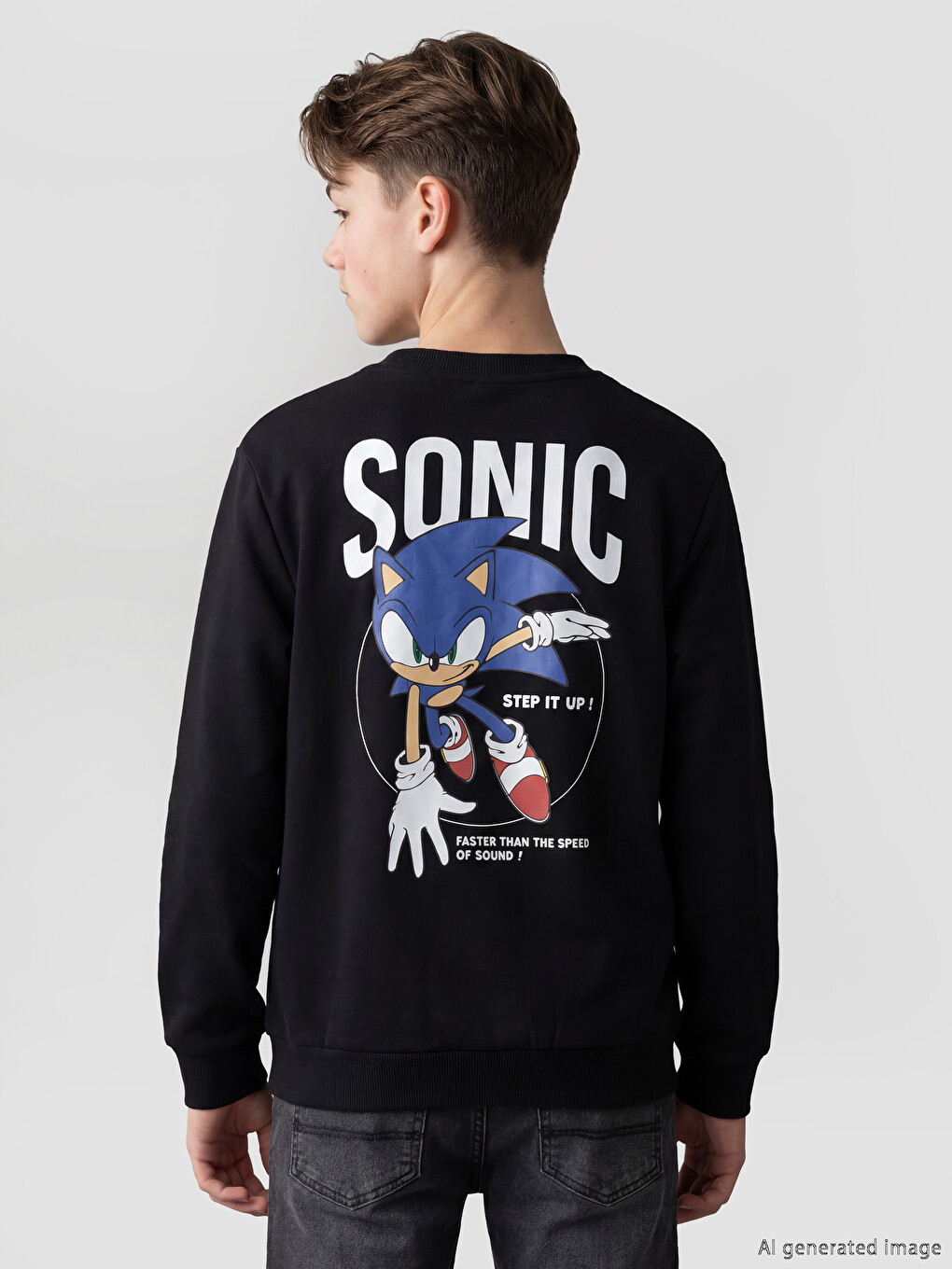 Siyah Sonic Baskılı Erkek Çocuk Kalın Sweatshirt-1