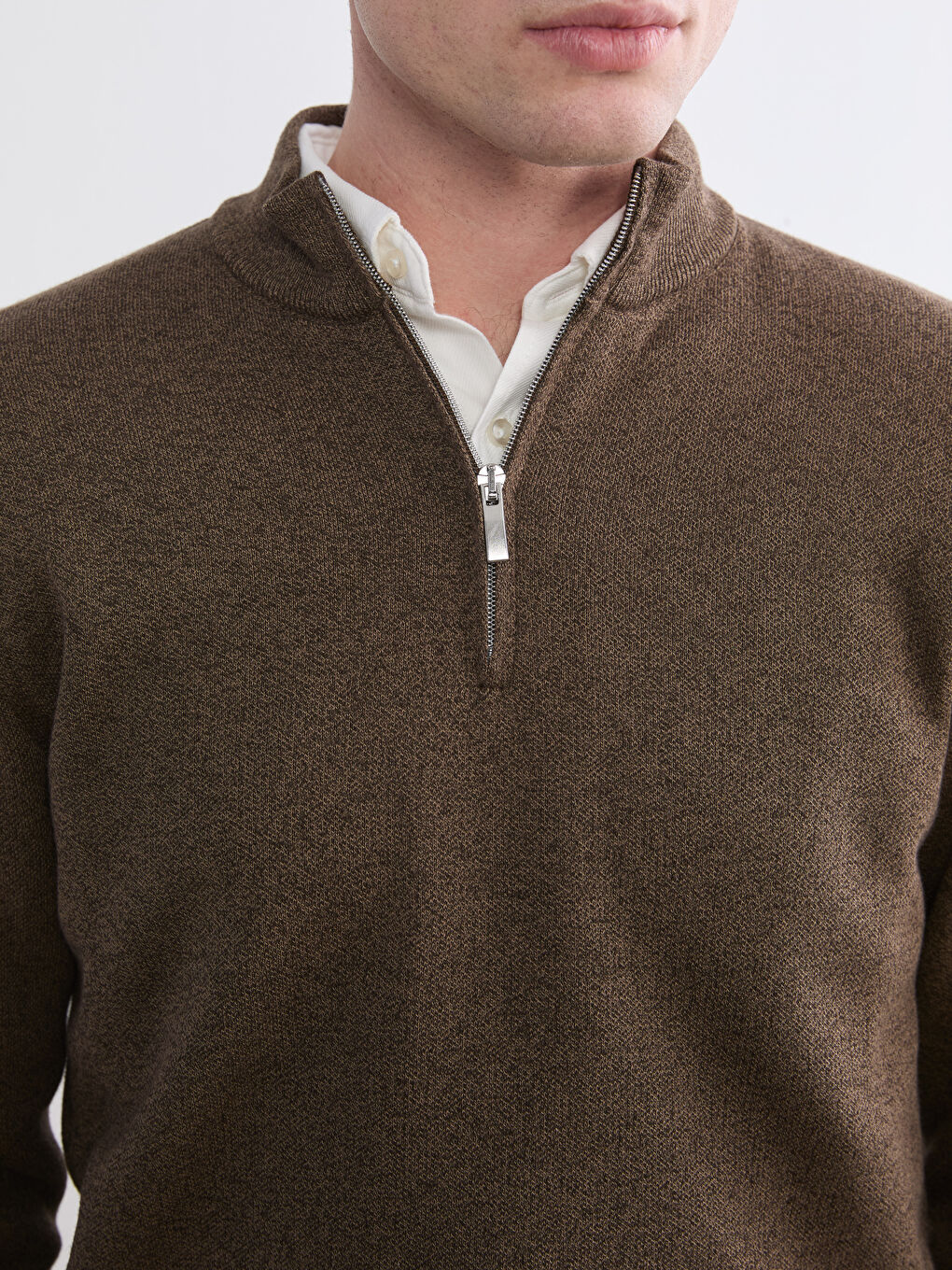 Kahverengi Dik Yaka Erkek Triko Kazak-2