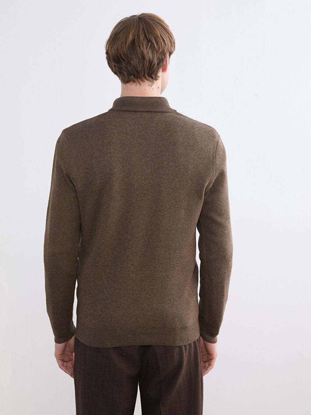 Kahverengi Dik Yaka Erkek Triko Kazak-3