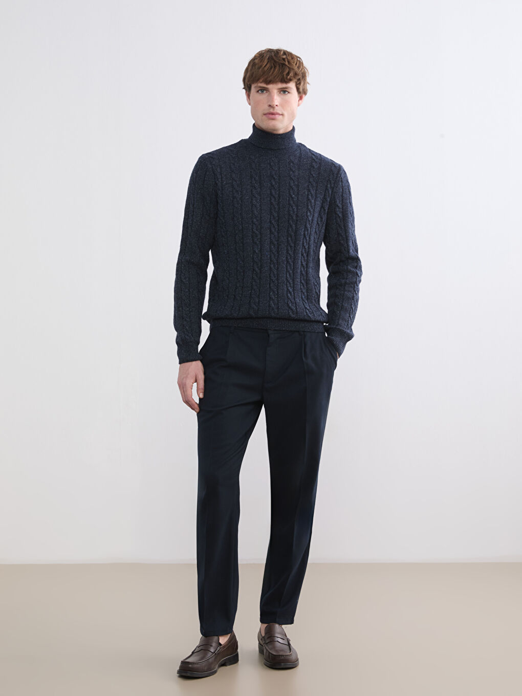 Lacivert Saç Örgüsü Desenli Triko Erkek Kazak-1