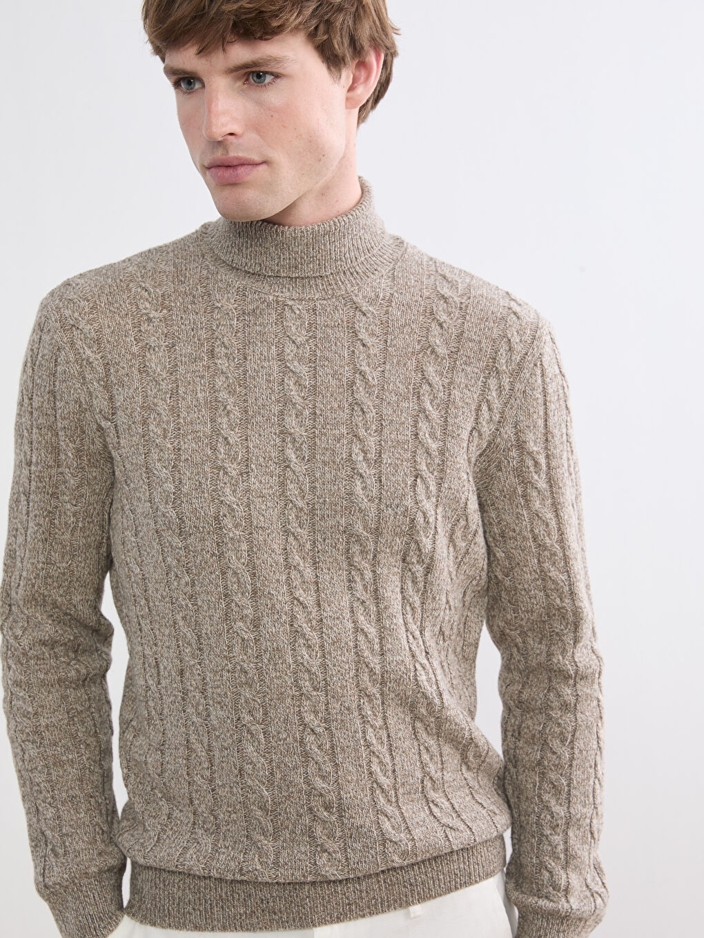 Bej Regular Fit Saç Örgülü Triko Erkek Kazak