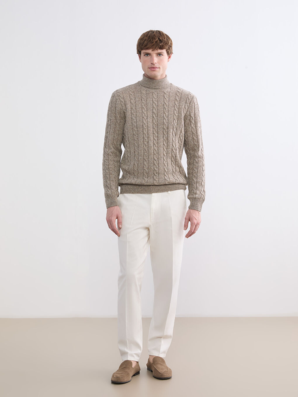 Bej Regular Fit Saç Örgülü Triko Erkek Kazak-1