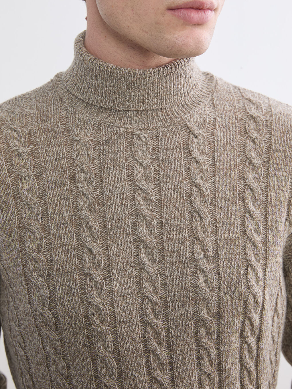 Bej Regular Fit Saç Örgülü Triko Erkek Kazak-2