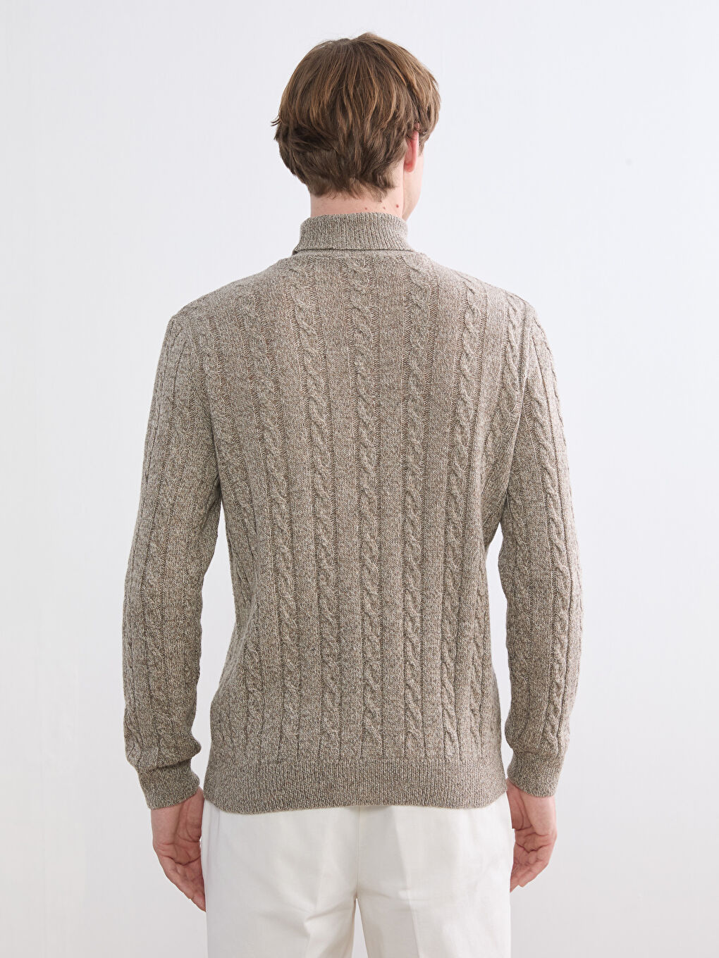 Bej Regular Fit Saç Örgülü Triko Erkek Kazak-3