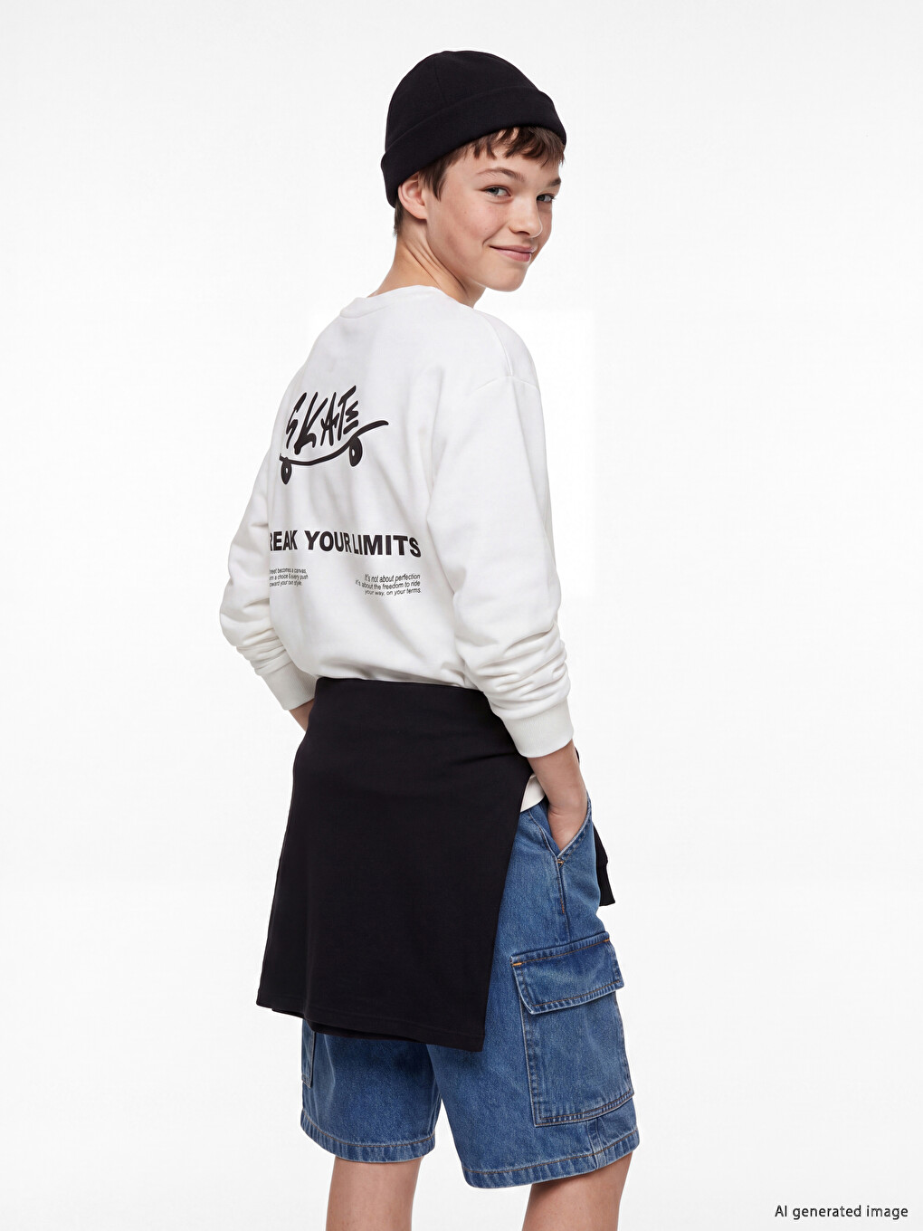 Ekru Bisiklet Yaka Baskılı Erkek Çocuk Sweatshirt