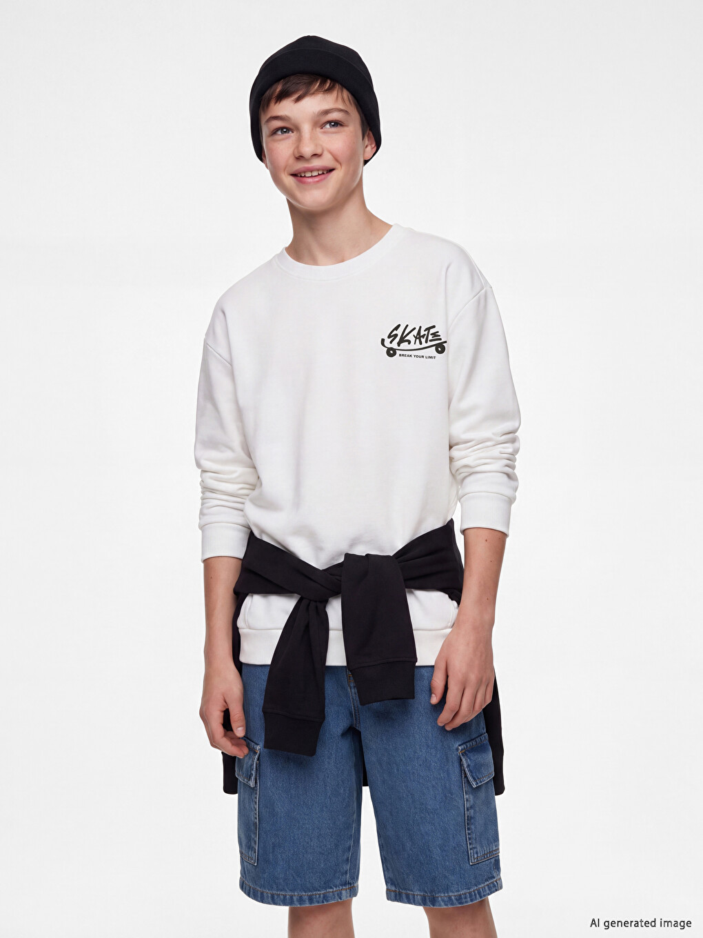 Ekru Bisiklet Yaka Baskılı Erkek Çocuk Sweatshirt-1