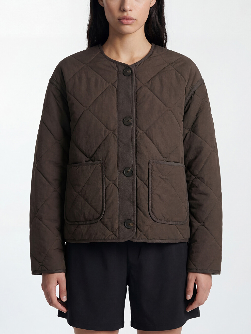 Kahverengi Baklava Desenli Oversize Kadın Şişme Mont-3