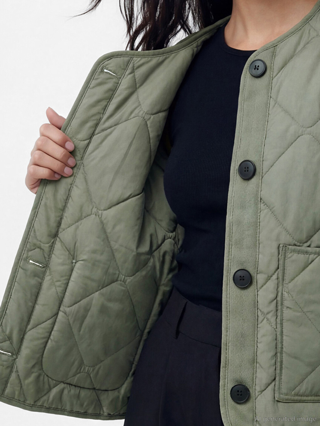 Haki Baklava Desenli Oversize Kadın Şişme Mont-2
