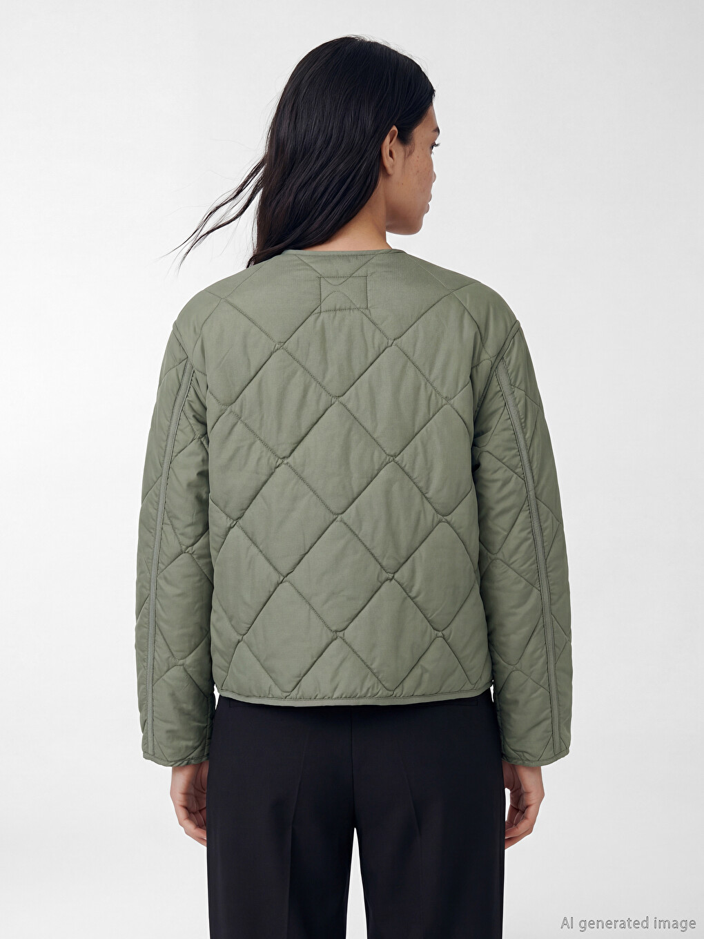 Haki Baklava Desenli Oversize Kadın Şişme Mont-3