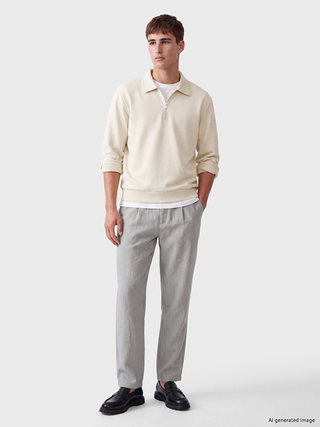 Bej Polo Yaka Erkek Sweatshirt-1
