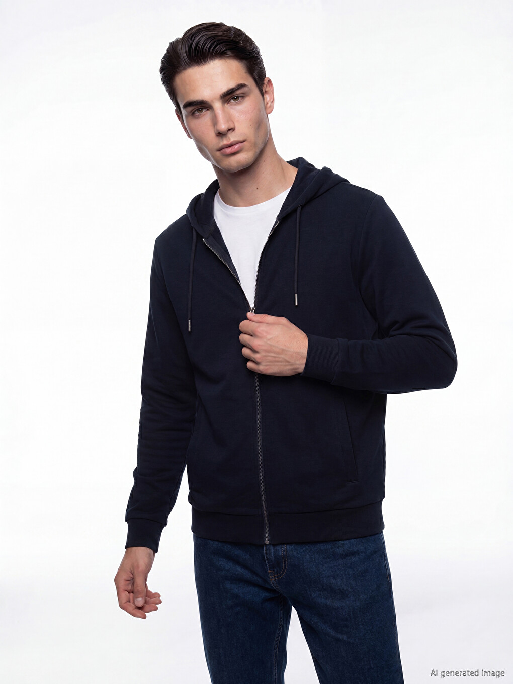 Lacivert Kapüşonlu Erkek Fermuarlı Sweatshirt