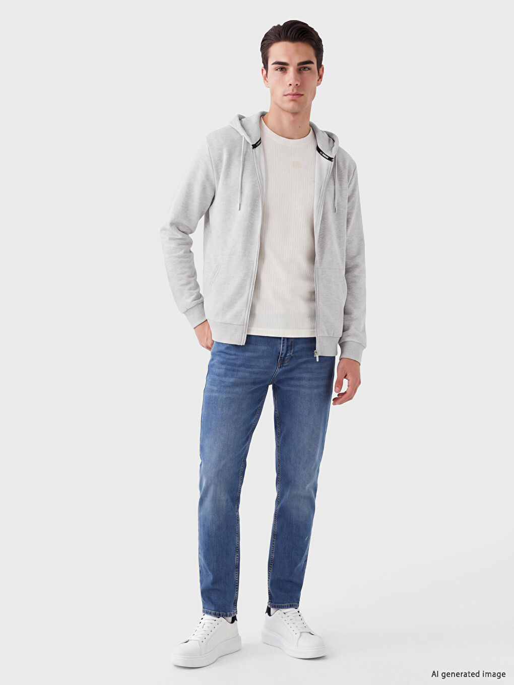 Gri Kapüşonlu Erkek Fermuarlı Sweatshirt-1