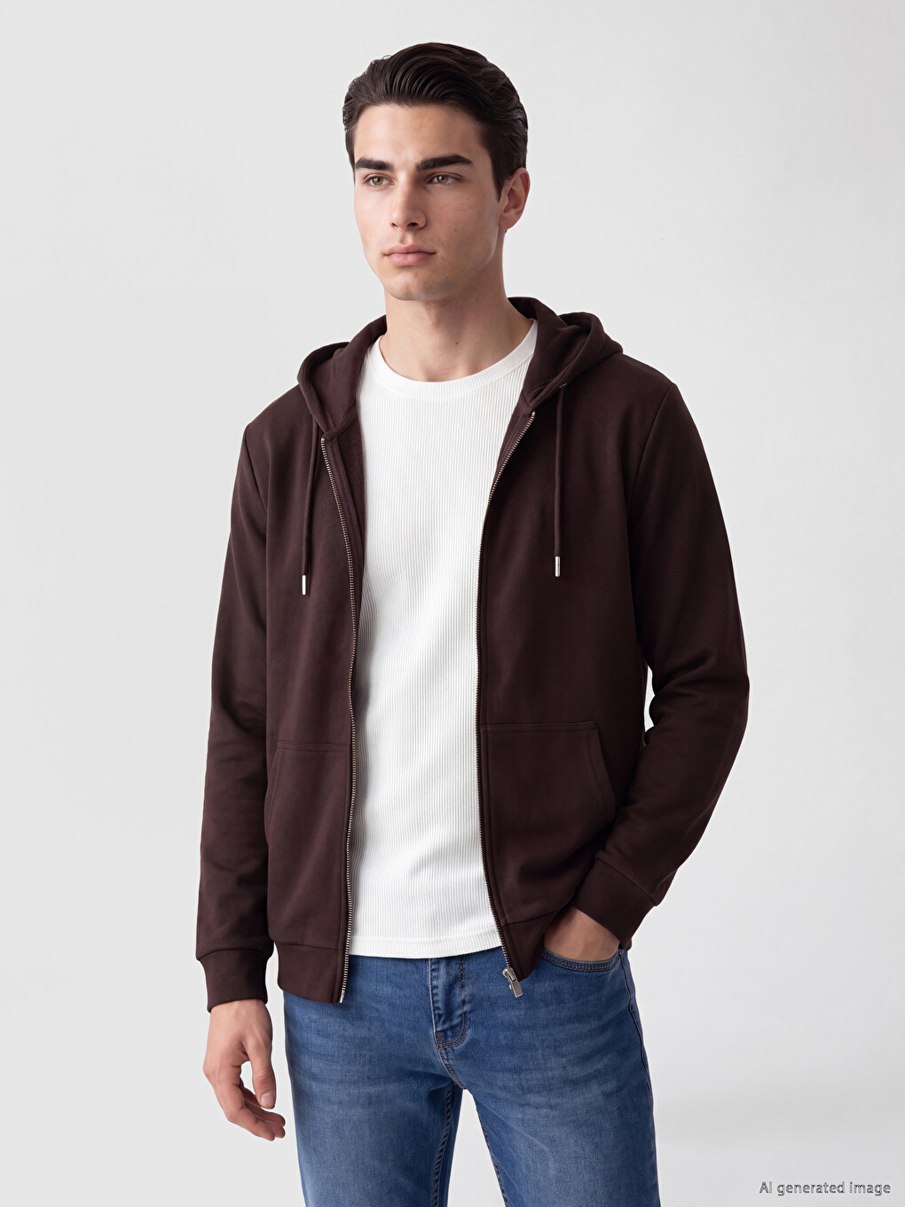 Kahverengi Kapüşonlu Erkek Fermuarlı Sweatshirt-1