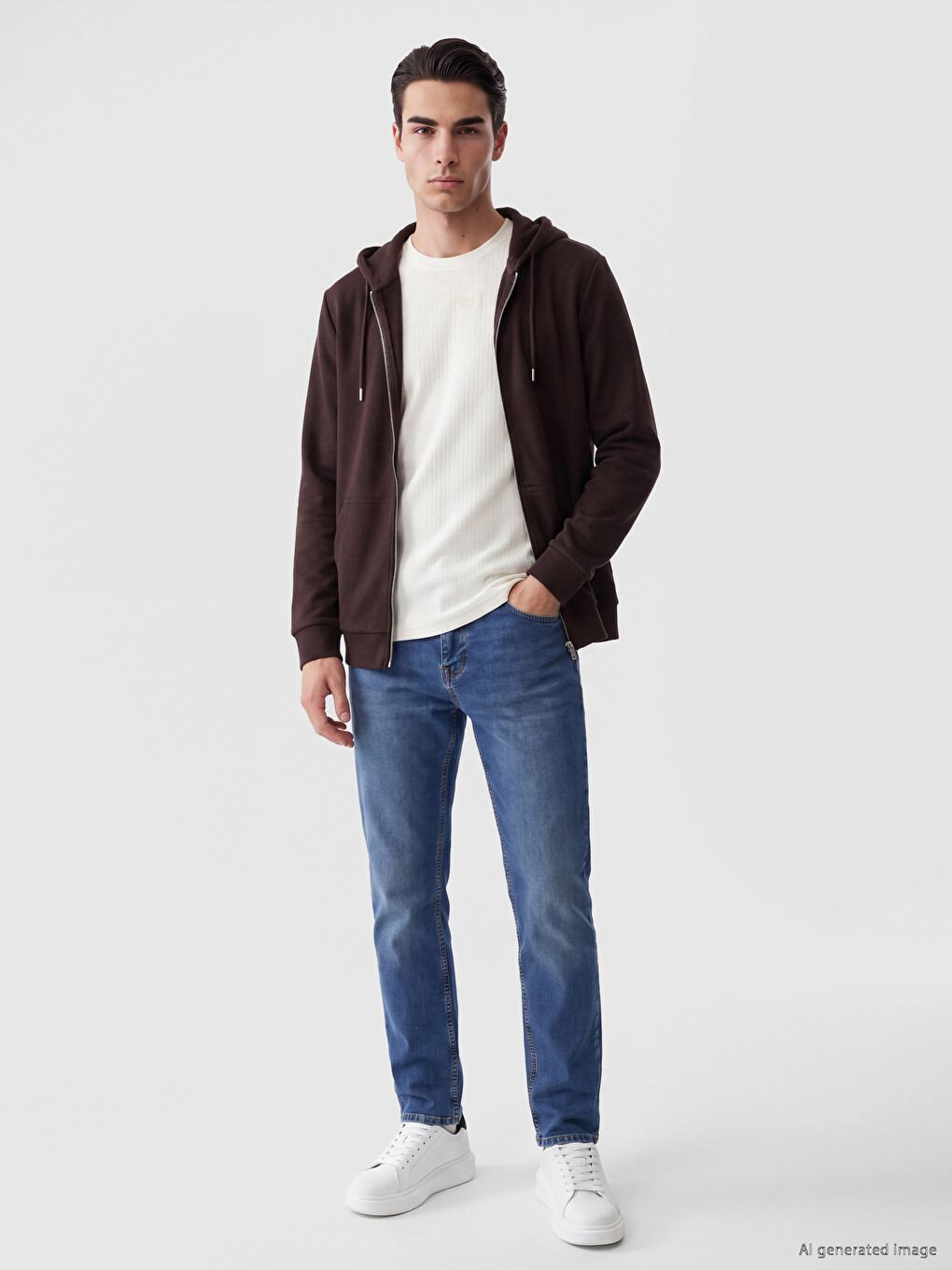 Kahverengi Kapüşonlu Erkek Fermuarlı Sweatshirt